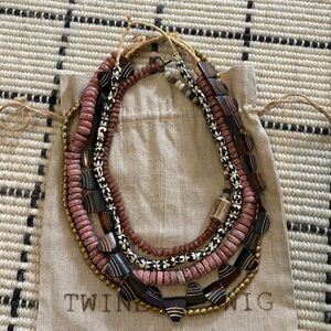 Twine & Twig Layered Brown and Pink Beaded Statement Necklace